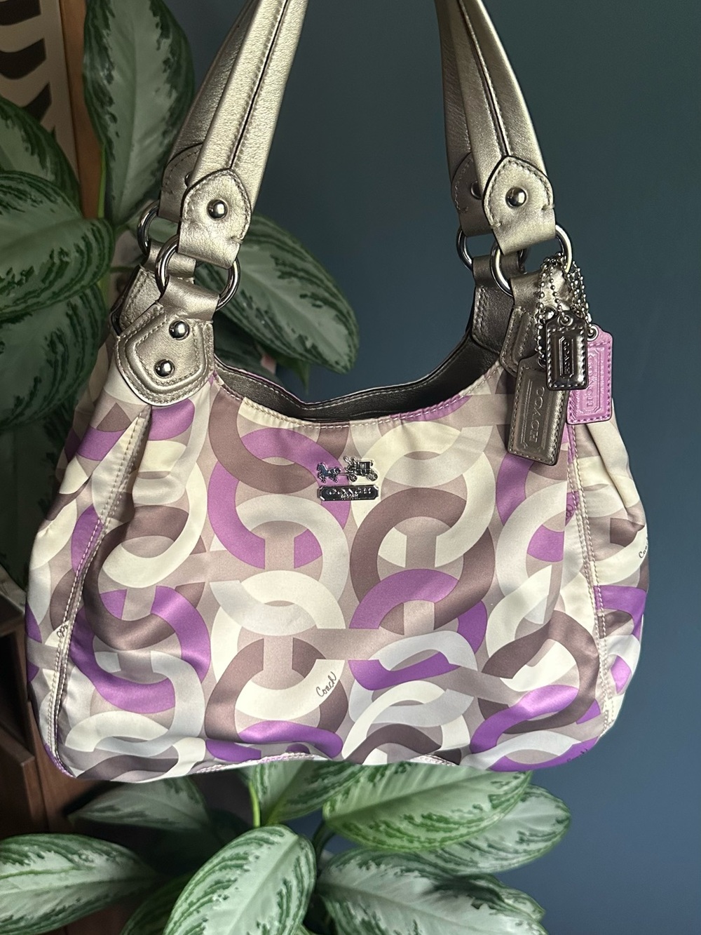 Coach Signature Chain-Print Shoulder Bag in Purple, Tan & Cream